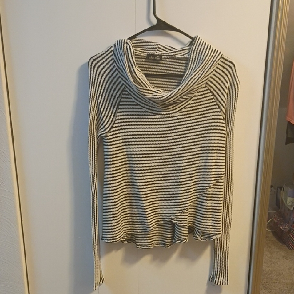 Black and White Striped Cowl Neck Asymmetrical Sweater